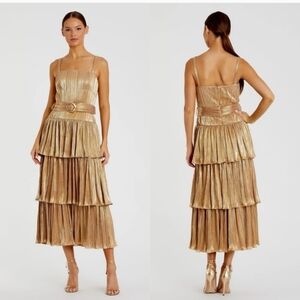 Mac Duggal 27062 Tea-Length Metallic Tiered Ruffle Dress NWT